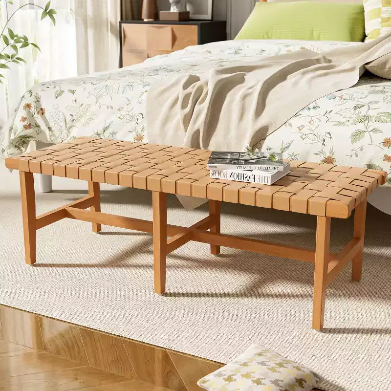Christopher Knight Home Vladimir Contemporary Acacia Wood Bedroom Bench with Woven Faux Leather