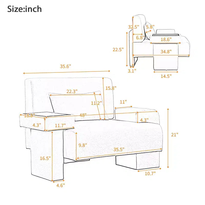 Fauteuil d'appoint surdimensionné de 122 cm de large avec coussin et plateau en bois intégré, fauteuil confortable et moderne
