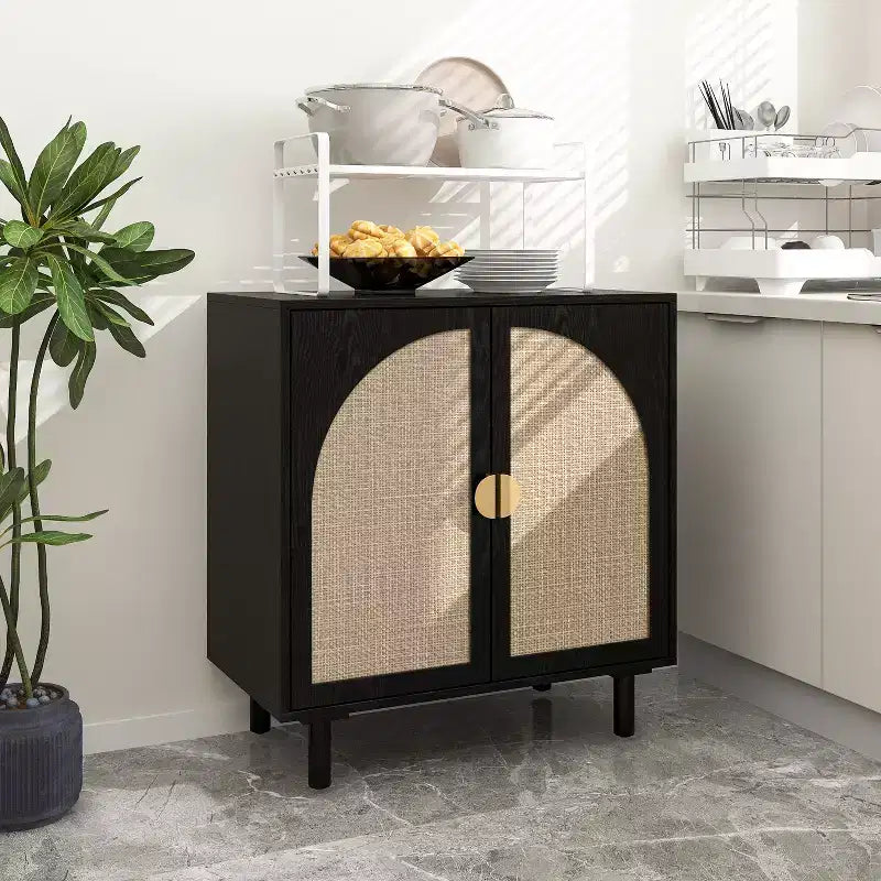 Élégant meuble de rangement en rotin, buffet à 2 portes avec pieds en pin massif pour chambre à coucher, salon, bureau