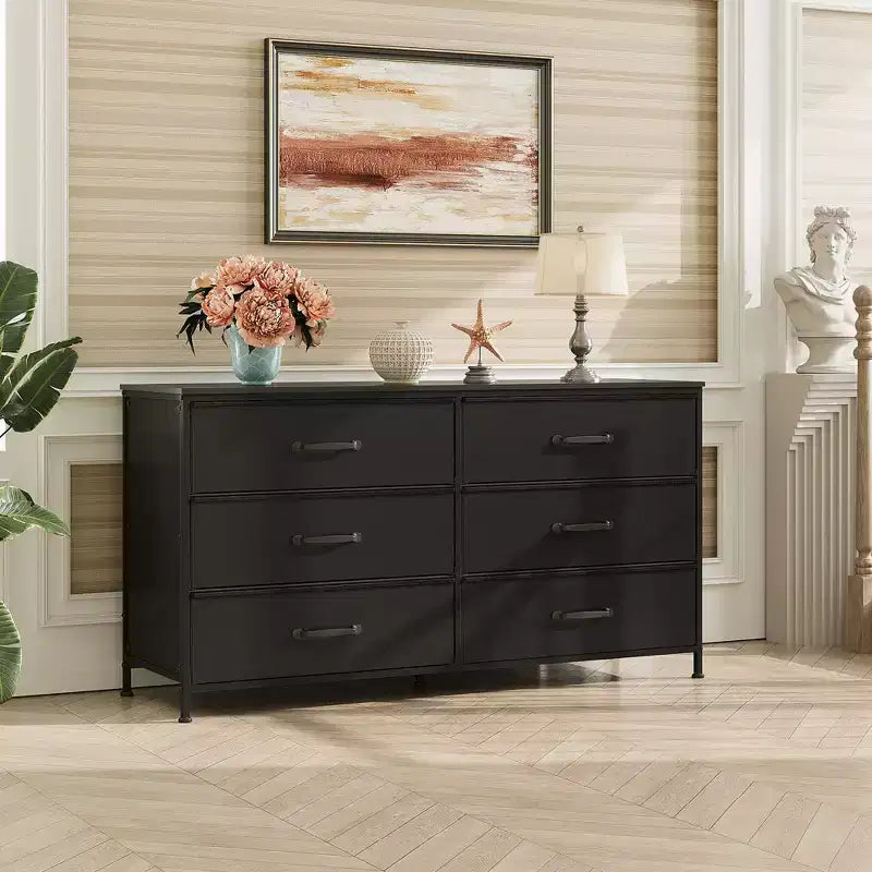 6-Drawer Wide Fabric Dresser and TV Stand, Large Storage Tower Unit with Fabric Bins for Bedroom, Closet, Hallway