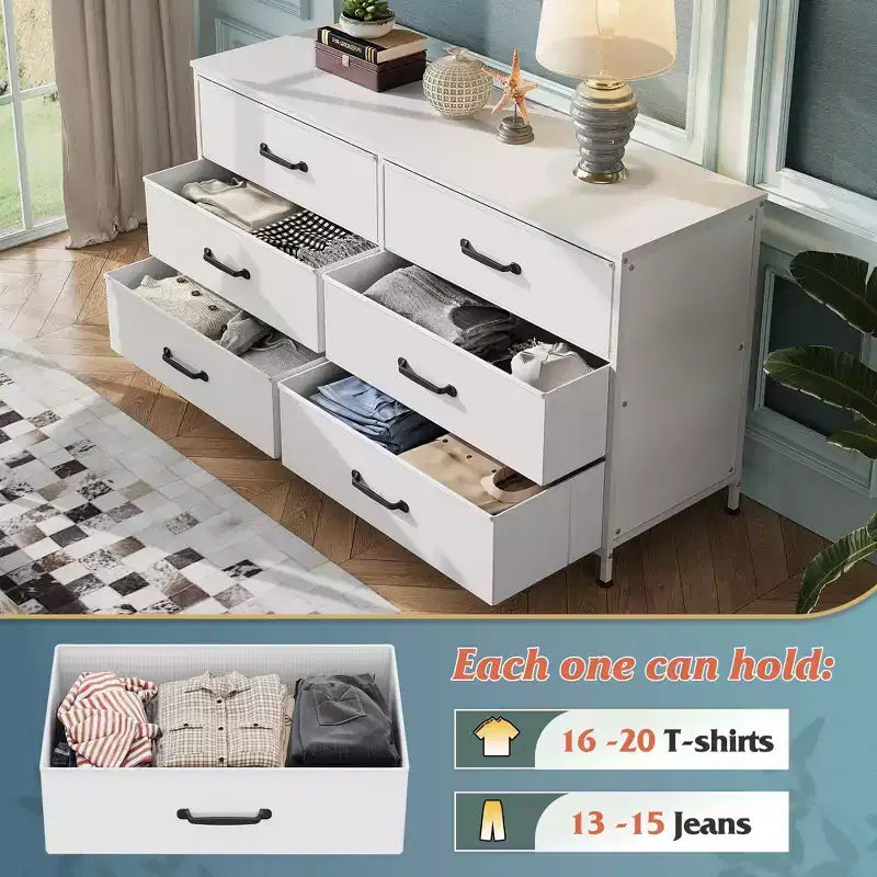 Commode large en tissu à 6 tiroirs et meuble TV, grande unité de rangement avec bacs en tissu pour chambre à coucher, placard, couloir