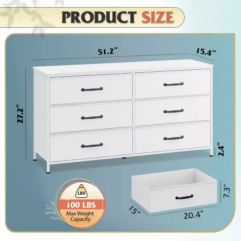 Commode large en tissu à 6 tiroirs et meuble TV, grande unité de rangement avec bacs en tissu pour chambre à coucher, placard, couloir