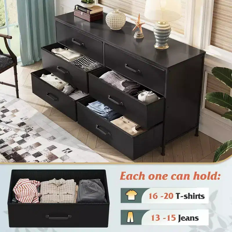Commode large en tissu à 6 tiroirs et meuble TV, grande unité de rangement avec bacs en tissu pour chambre à coucher, placard, couloir