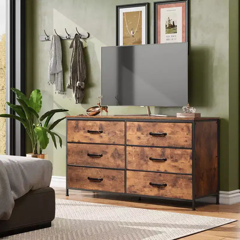 Commode large en tissu à 6 tiroirs et meuble TV, grande unité de rangement avec bacs en tissu pour chambre à coucher, placard, couloir