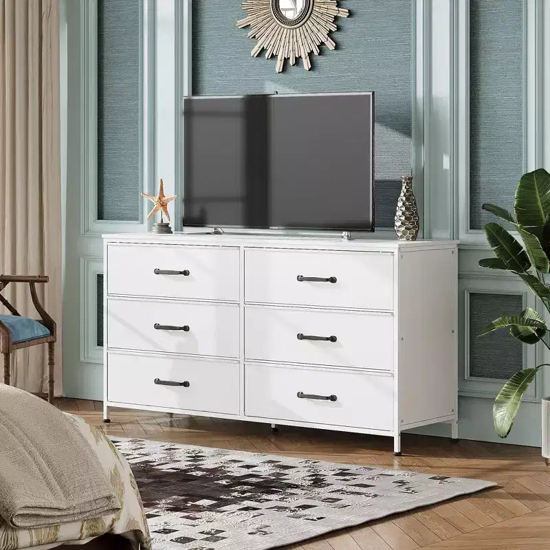 Commode large en tissu à 6 tiroirs et meuble TV, grande unité de rangement avec bacs en tissu pour chambre à coucher, placard, couloir