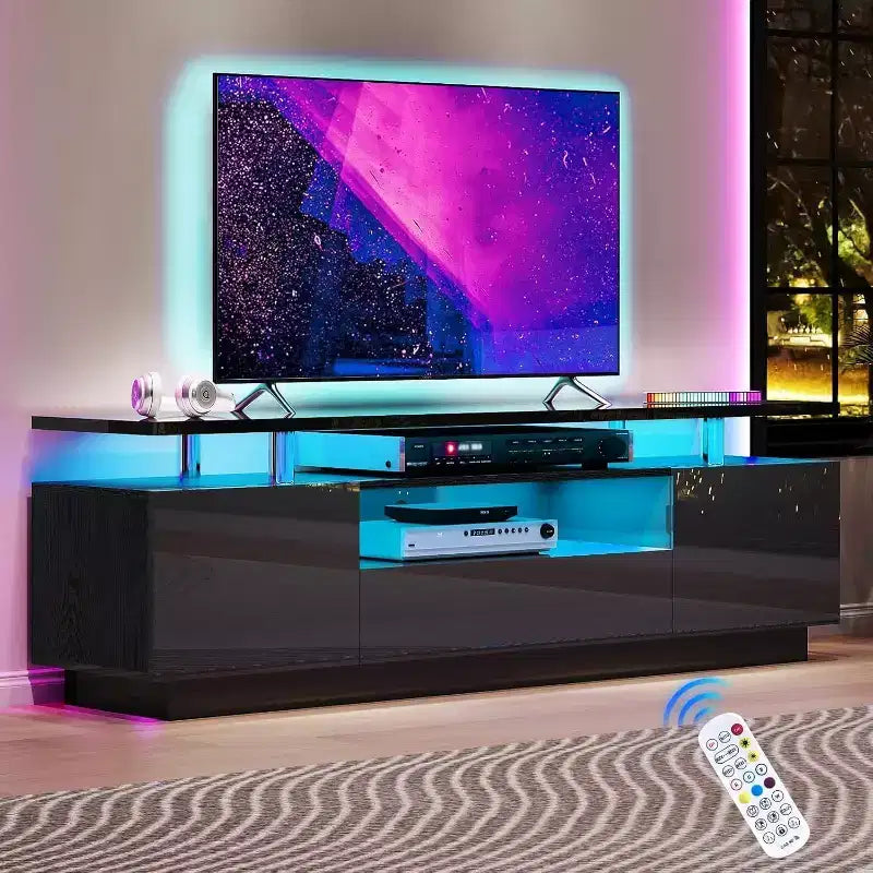 AMERLIFE 70 High Gloss TV Stand with LED Lights, Storage Cabinet &amp; Shelf, Fits 80 TVs