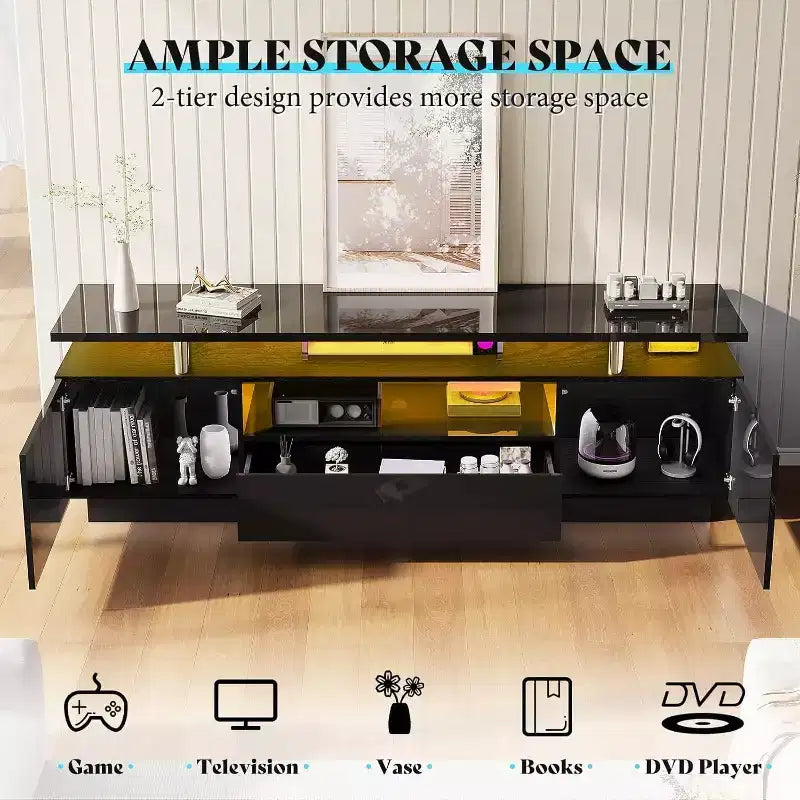 Meuble TV 70 po fini lustré avec lumières DEL, armoire de rangement et étagère, convient aux téléviseurs de 80 po