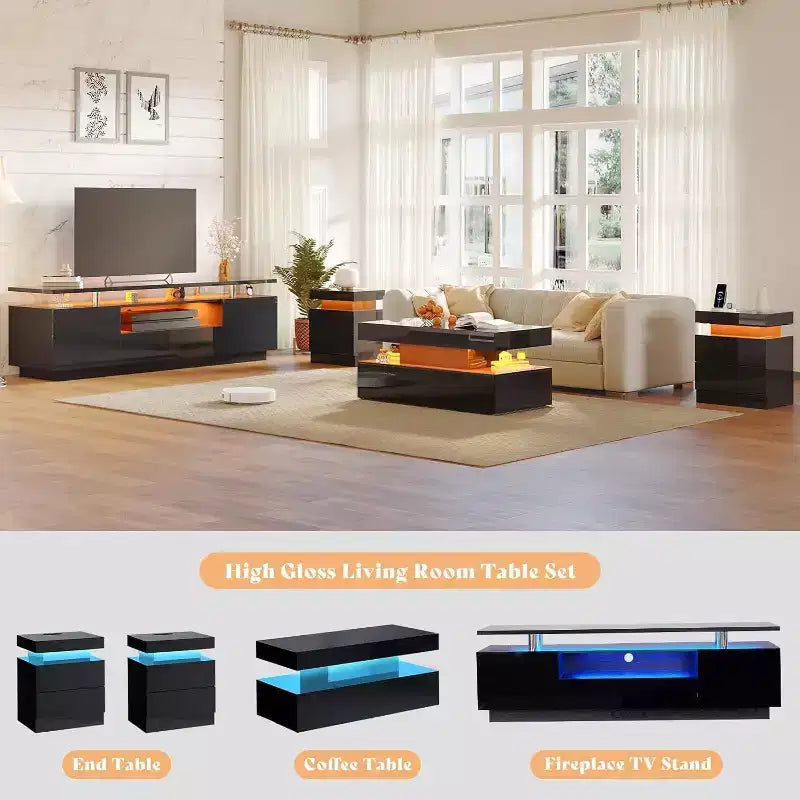 Meuble TV 70 po fini lustré avec lumières DEL, armoire de rangement et étagère, convient aux téléviseurs de 80 po