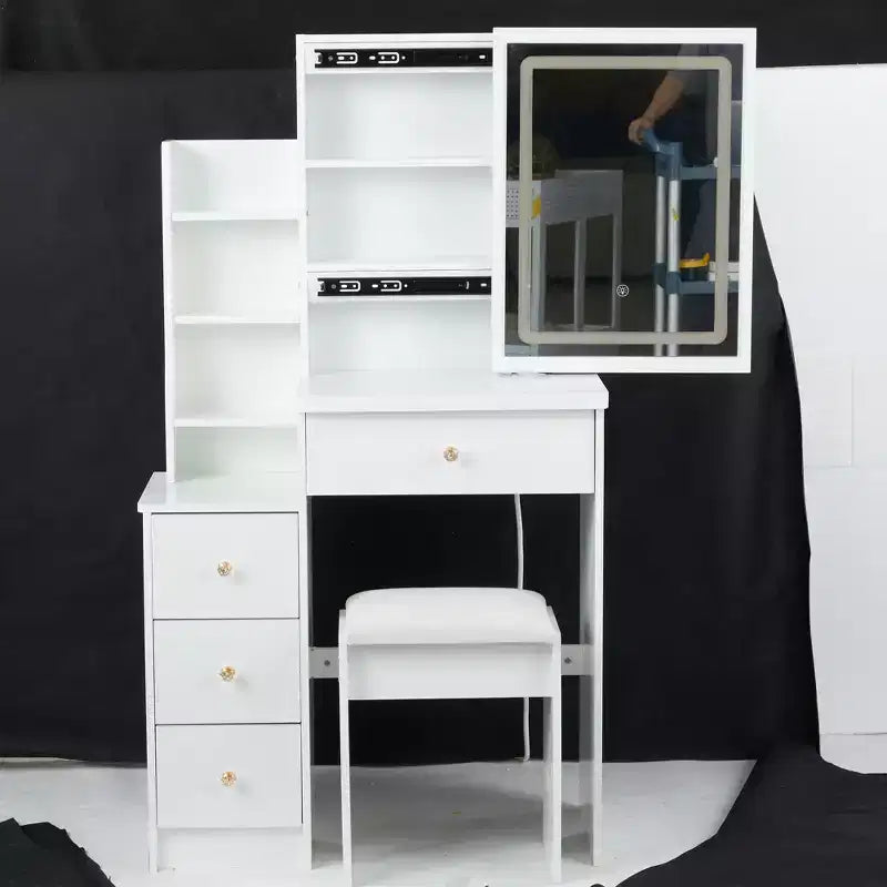 Okak Vanity Table and Chair Set, 29.2 Small Left Bedside Cabinet Vanity Table with Extra Large Touch Control Sliding LED Mirror, White