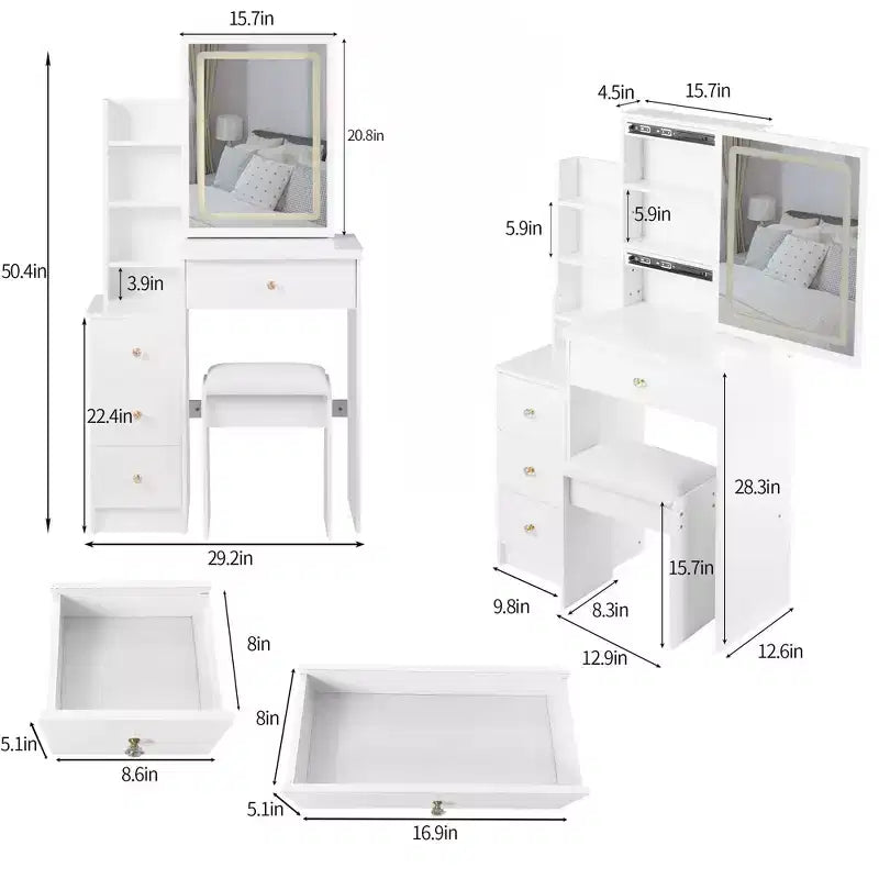 Coiffeuse et chaise, petite table de chevet gauche de 29,2 po avec grand miroir LED coulissant à commande tactile, blanc