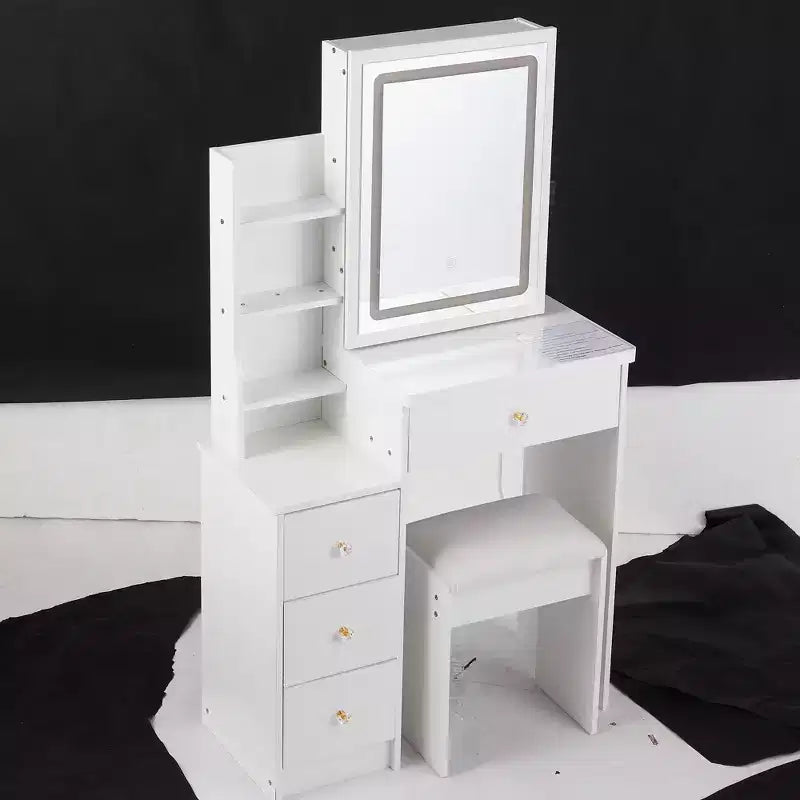 Coiffeuse et chaise, petite table de chevet gauche de 29,2 po avec grand miroir LED coulissant à commande tactile, blanc