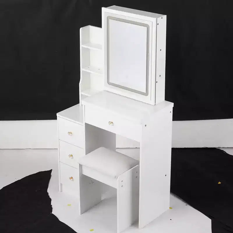Coiffeuse et chaise, petite table de chevet gauche de 29,2 po avec grand miroir LED coulissant à commande tactile, blanc