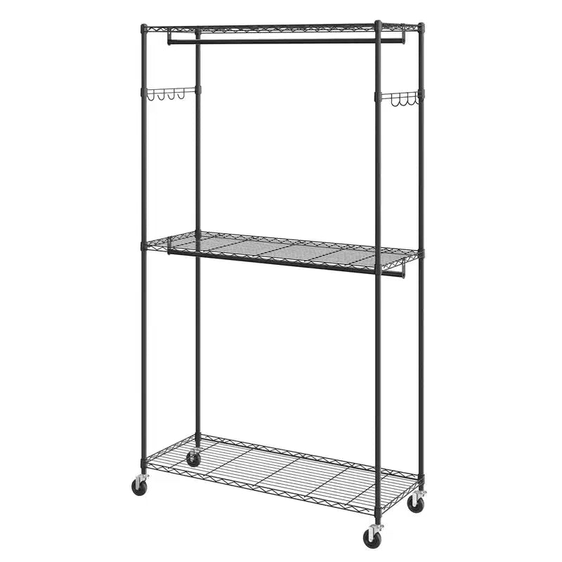 VEVOR Heavy Duty Clothes Rack, Rolling Clothing Garment Rack with 3 Storage Tiers, 2 Rods and 2 Pairs Side Hooks, 400 Lbs Load Capacity