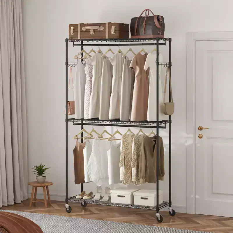 Portant à vêtements robuste, portant à vêtements roulant avec 3 niveaux de rangement, 2 tringles et 2 paires de crochets latéraux, capacité de charge de 180 kg