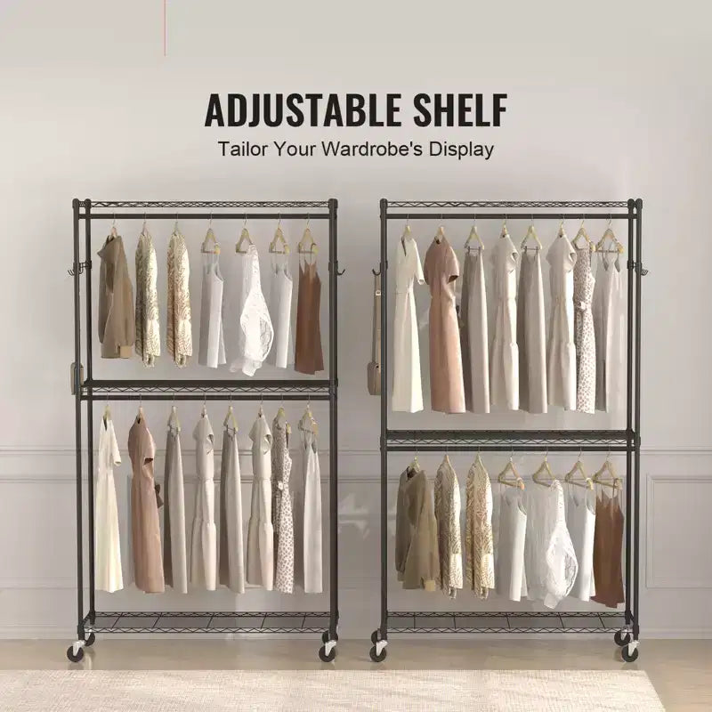 Portant à vêtements robuste, portant à vêtements roulant avec 3 niveaux de rangement, 2 tringles et 2 paires de crochets latéraux, capacité de charge de 180 kg