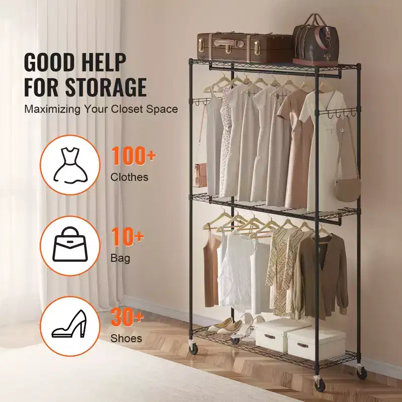 Portant à vêtements robuste, portant à vêtements roulant avec 3 niveaux de rangement, 2 tringles et 2 paires de crochets latéraux, capacité de charge de 180 kg