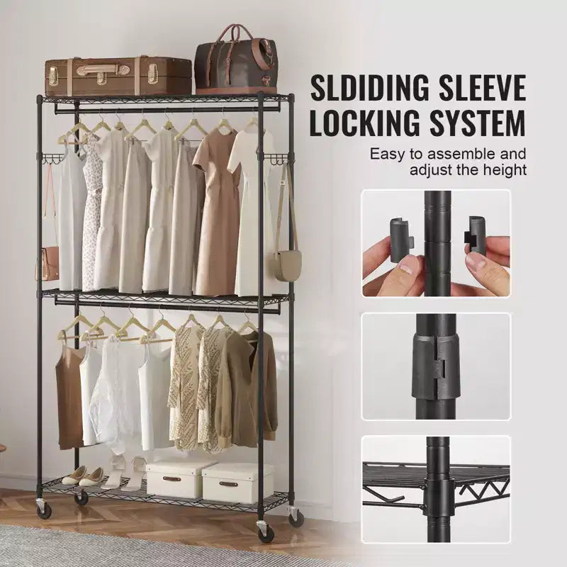 Portant à vêtements robuste, portant à vêtements roulant avec 3 niveaux de rangement, 2 tringles et 2 paires de crochets latéraux, capacité de charge de 180 kg