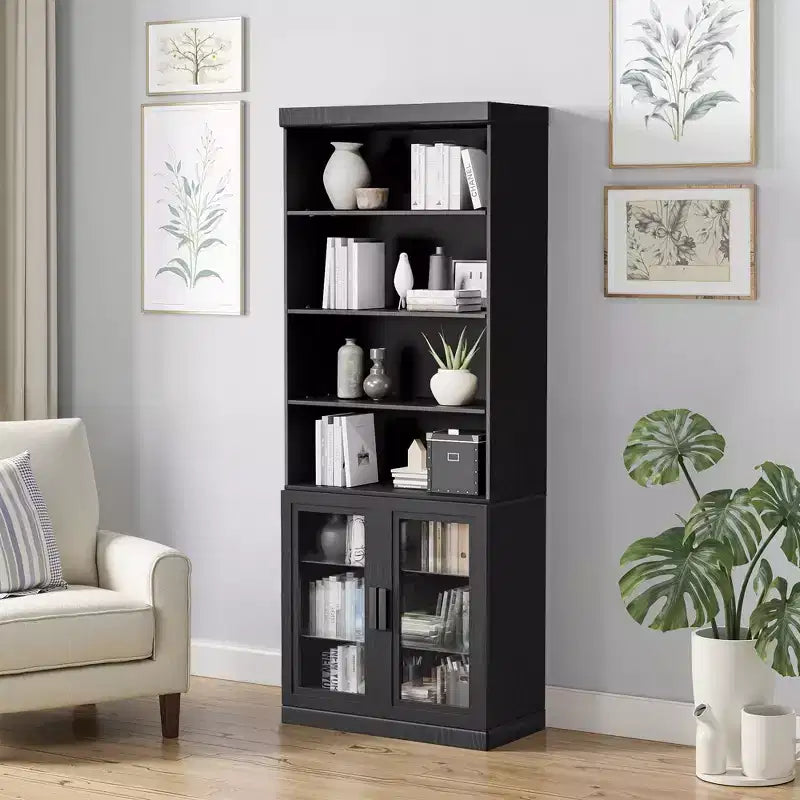 80x31x16 Wood Accent Sideboard Cabinet in Black, Storage Organizer with Adjustable Shelves and Glass Doors for Kitchen Bedroom Living/Dinning Room