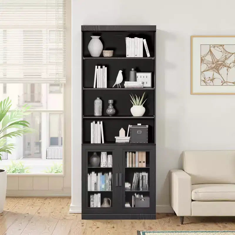 Bahut d'appoint en bois noir 80x31x16, meuble de rangement avec étagères réglables et portes vitrées pour cuisine, chambre, salon/salle à manger