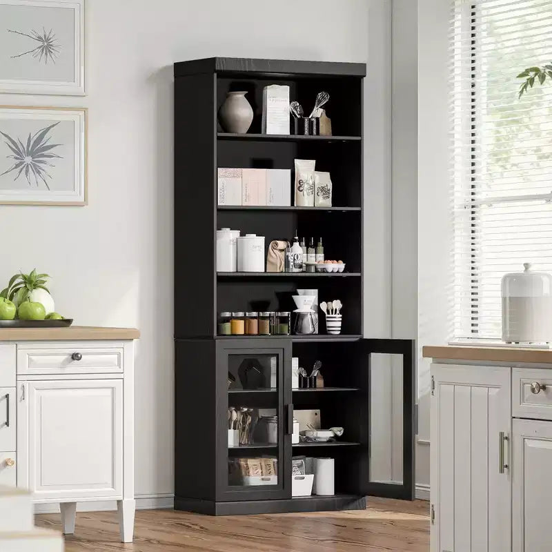 Bahut d'appoint en bois noir 80x31x16, meuble de rangement avec étagères réglables et portes vitrées pour cuisine, chambre, salon/salle à manger