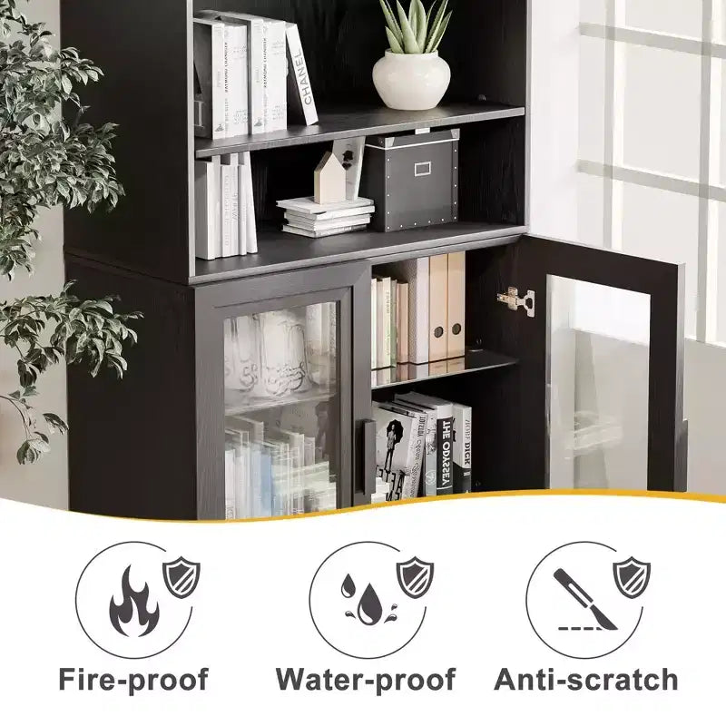 Bahut d'appoint en bois noir 80x31x16, meuble de rangement avec étagères réglables et portes vitrées pour cuisine, chambre, salon/salle à manger