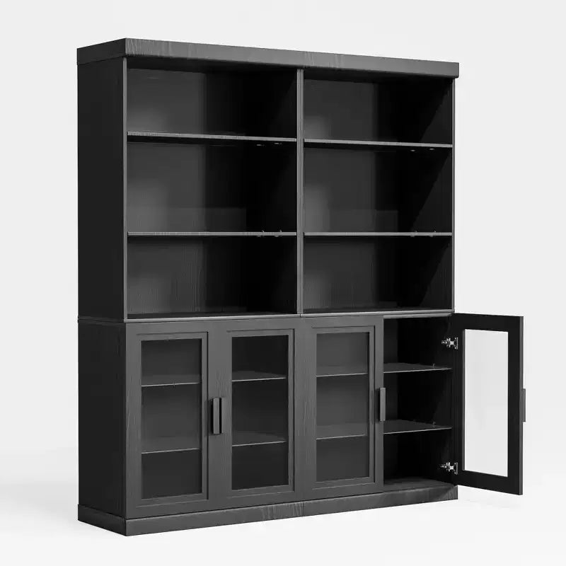 Bahut d'appoint en bois noir 80x31x16, meuble de rangement avec étagères réglables et portes vitrées pour cuisine, chambre, salon/salle à manger