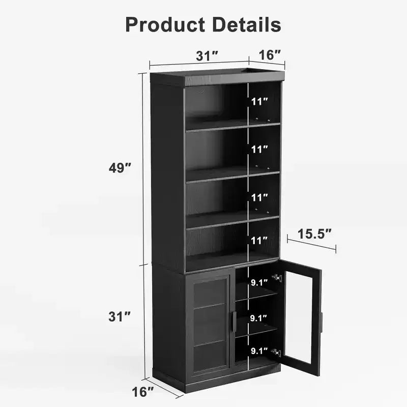 Bahut d'appoint en bois noir 80x31x16, meuble de rangement avec étagères réglables et portes vitrées pour cuisine, chambre, salon/salle à manger