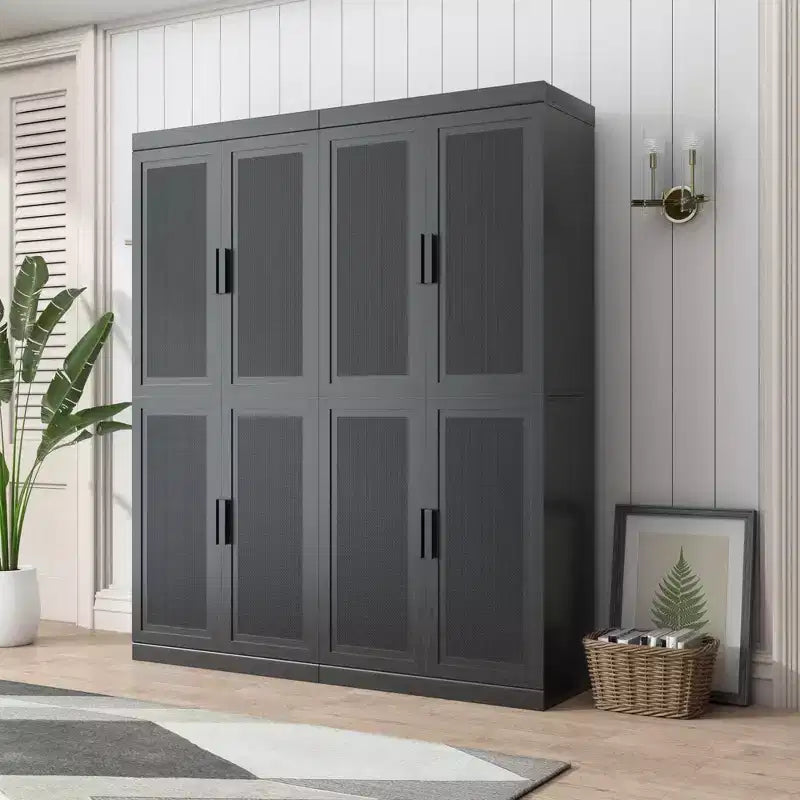 72x62x16 Wood Grain Buffet Cabinet in Black, Storage Organizer with Adjustable Shelves and Rattan Doors for Kitchen Bedroom Entryway Living Room