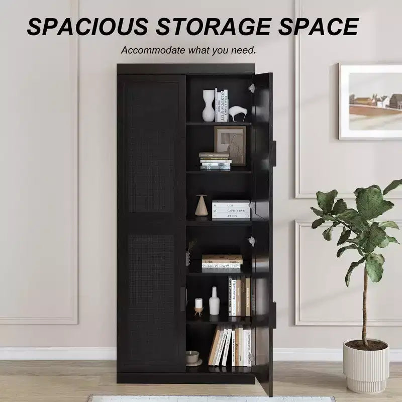 Bahut en grain de bois noir 72x62x16, organisateur de rangement avec étagères réglables et portes en rotin pour cuisine, chambre, entrée, salon