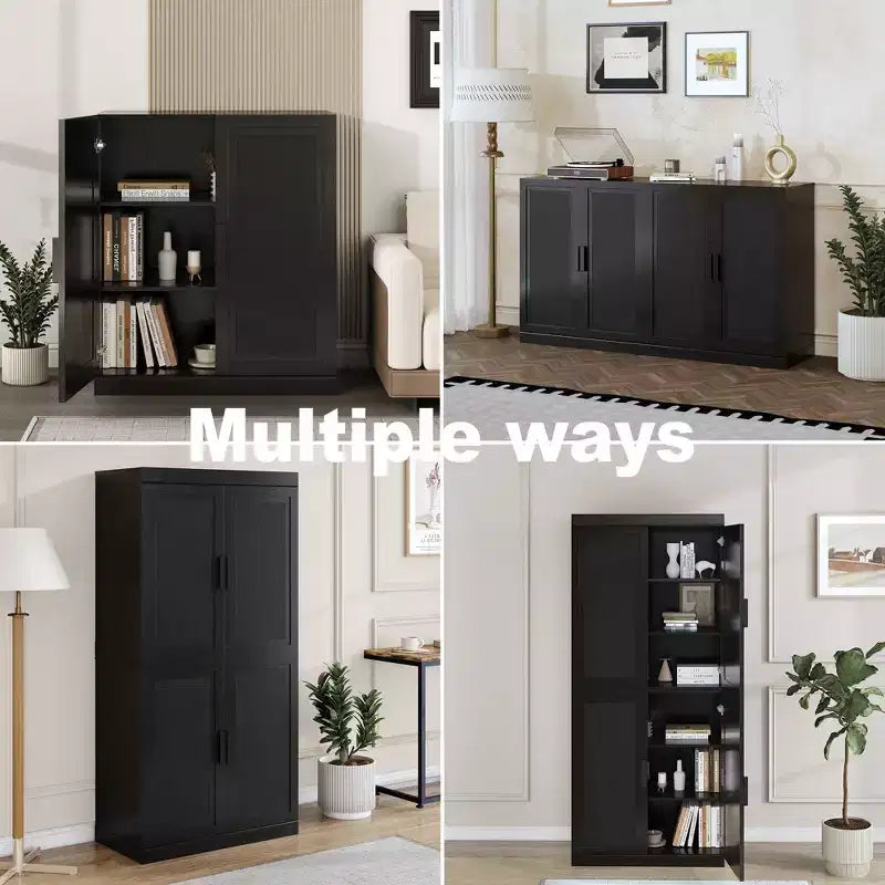 Bahut en grain de bois noir 72x62x16, organisateur de rangement avec étagères réglables et portes en rotin pour cuisine, chambre, entrée, salon