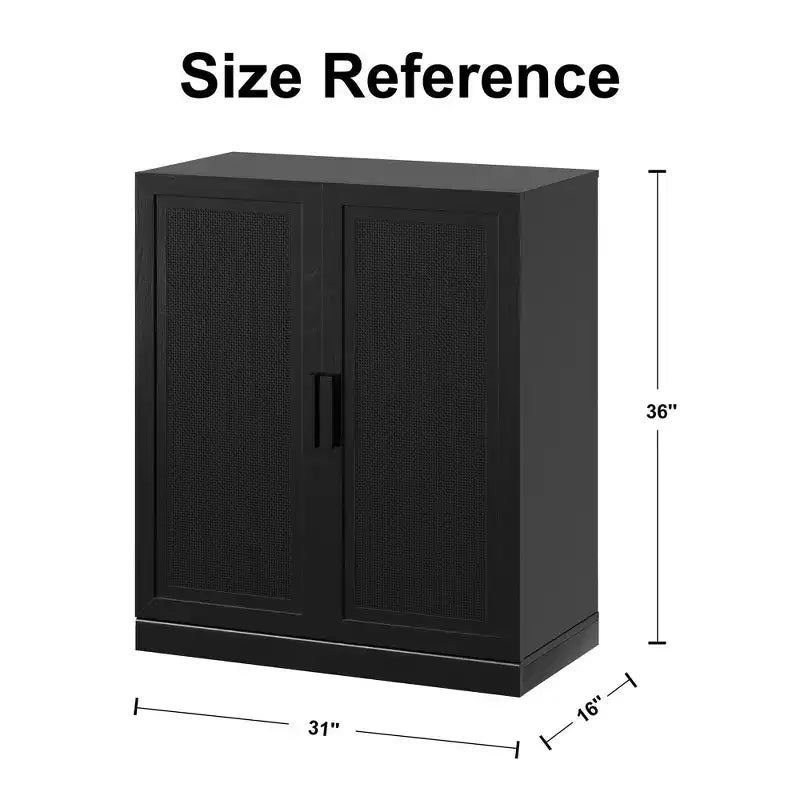 Bahut en grain de bois noir 72x62x16, organisateur de rangement avec étagères réglables et portes en rotin pour cuisine, chambre, entrée, salon