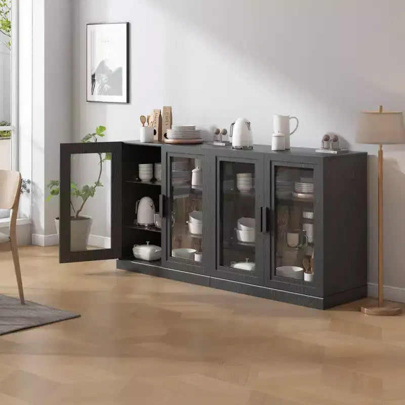 Meuble d'appoint en bois noir, organisateur de rangement avec étagères réglables et portes vitrées pour cuisine, chambre, salon/salle à manger