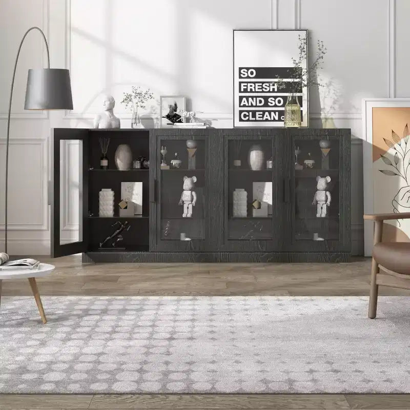 Meuble d'appoint en bois noir, organisateur de rangement avec étagères réglables et portes vitrées pour cuisine, chambre, salon/salle à manger