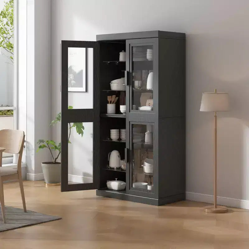 Meuble d'appoint en bois noir, organisateur de rangement avec étagères réglables et portes vitrées pour cuisine, chambre, salon/salle à manger