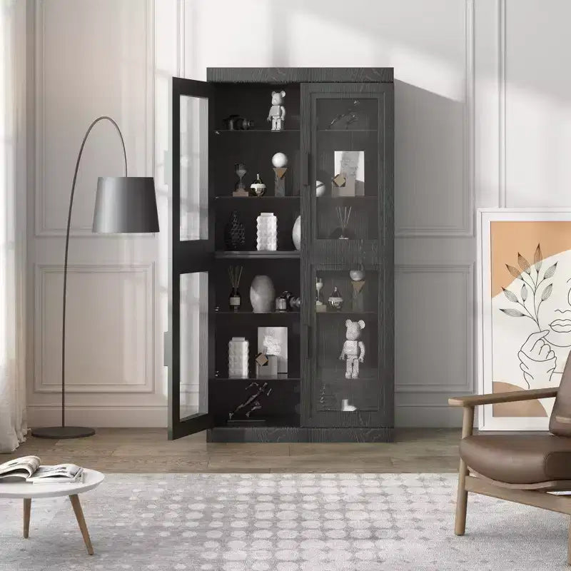 Meuble d'appoint en bois noir, organisateur de rangement avec étagères réglables et portes vitrées pour cuisine, chambre, salon/salle à manger