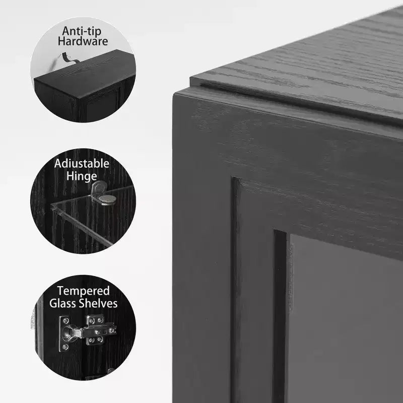 Meuble d'appoint en bois noir, organisateur de rangement avec étagères réglables et portes vitrées pour cuisine, chambre, salon/salle à manger