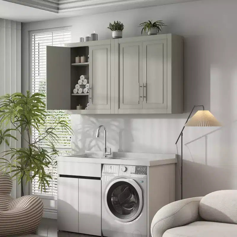 Meuble Mural de Salle de Bain et Cuisine, Armoire à Pharmacie Au-dessus des Toilettes, Meuble de Buanderie avec Portes et Étagères de Rangement, Gris
