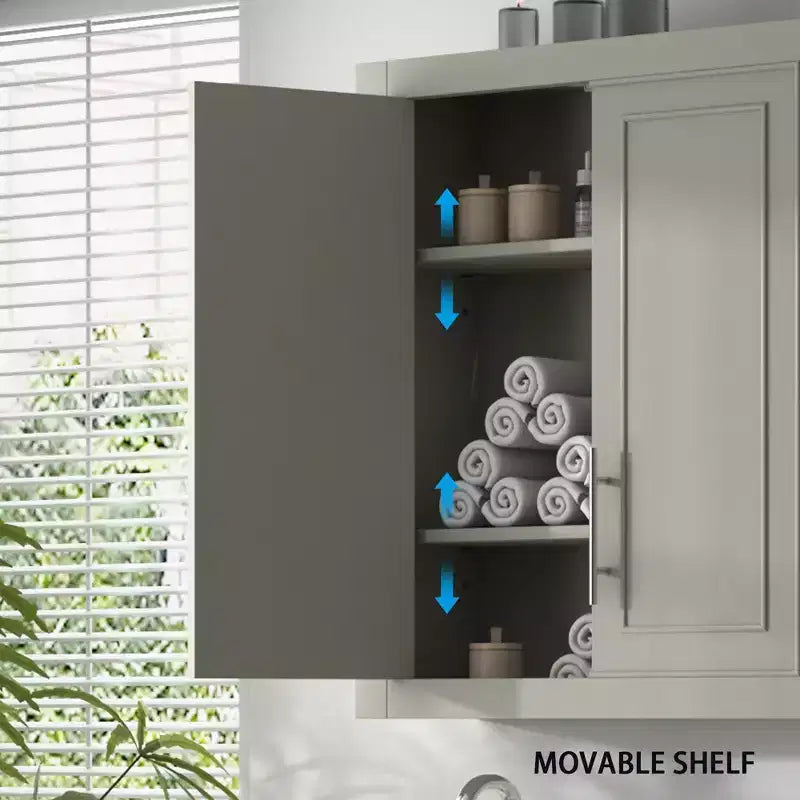 Meuble Mural de Salle de Bain et Cuisine, Armoire à Pharmacie Au-dessus des Toilettes, Meuble de Buanderie avec Portes et Étagères de Rangement, Gris