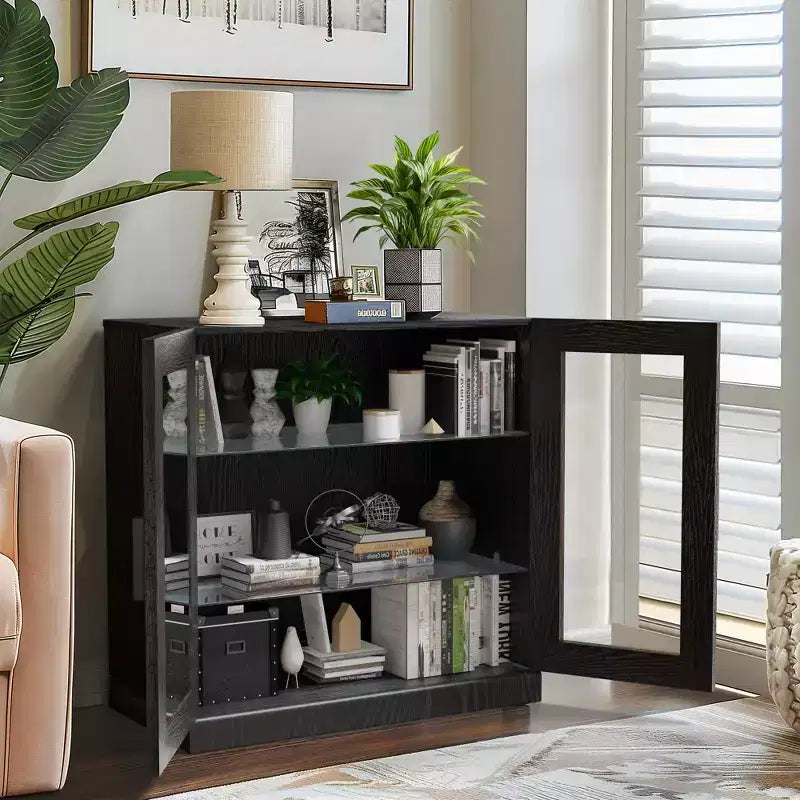 [31-inch | Transparent Design]Black Wood Grain Glass Door Display Cabinet (Ideal for Bedroom/Living Room)