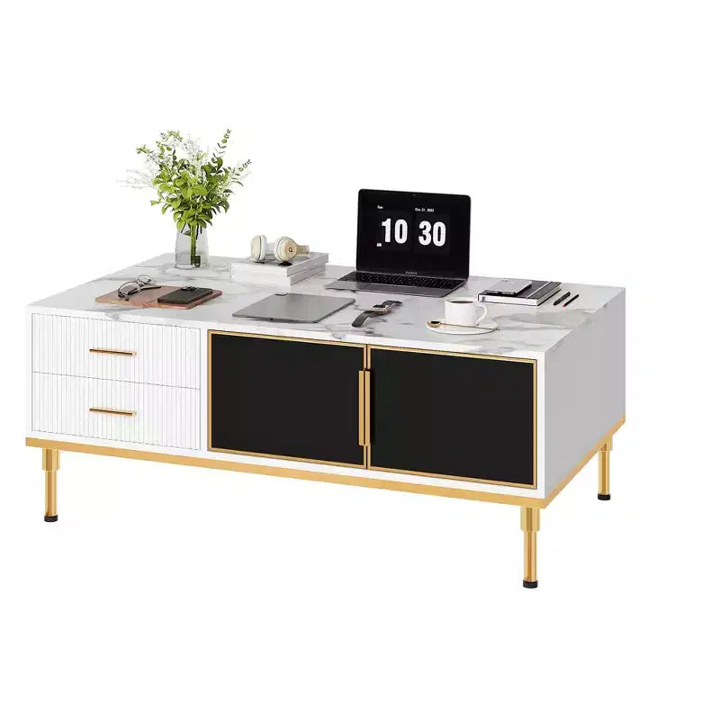 Whizmax Faux Marble Coffee Table - Modern Living Room Table with 4 Drawers &amp; Glass Doors, Fluted Panel Design