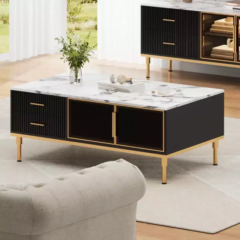 Table basse effet marbre - Table de salon moderne avec 4 tiroirs et portes en verre, design à panneaux cannelés