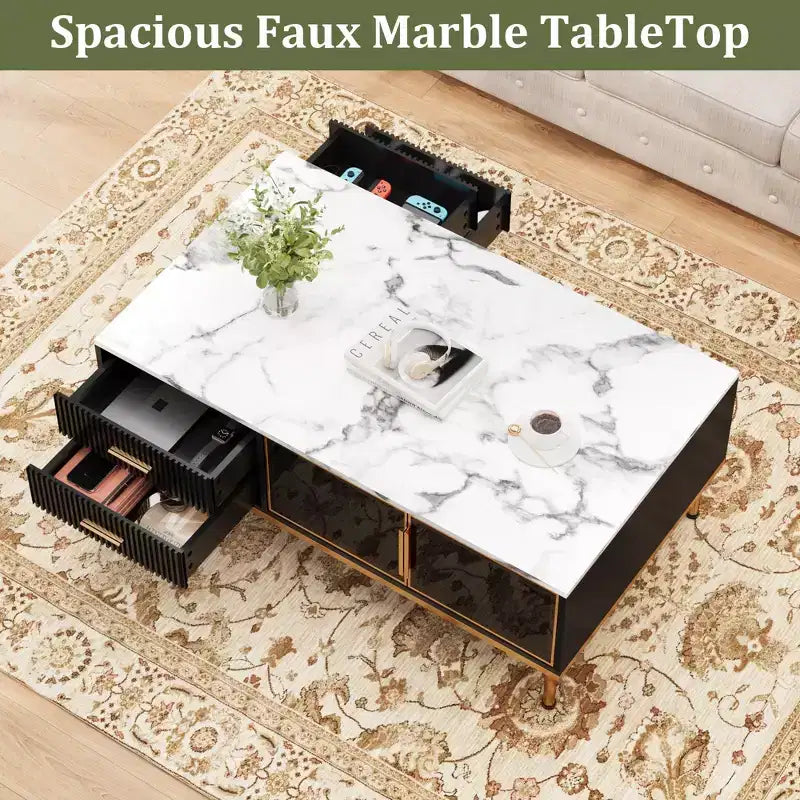 Table basse effet marbre - Table de salon moderne avec 4 tiroirs et portes en verre, design à panneaux cannelés