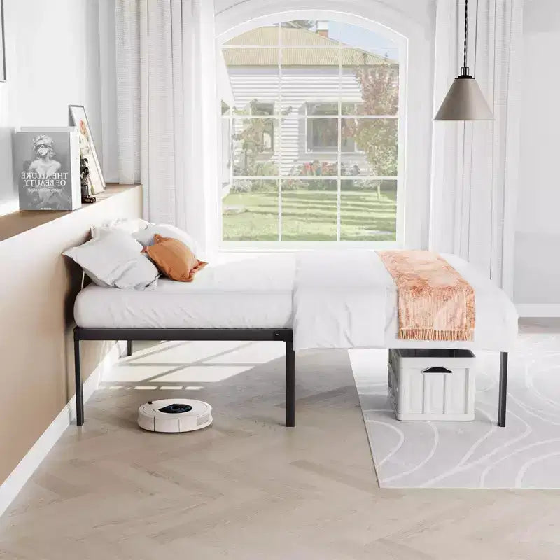 Cadre de lit en bois sans sommier, design minimaliste avec assemblage facile et grand espace de rangement sous le lit