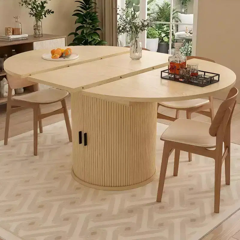 Dyonery 63 Extendable Round Kitchen Dining Room Table with 2-Tier Storage Shelf, with Pedestal Base, Wood Oval Circle Dinner Furniture, Walnut