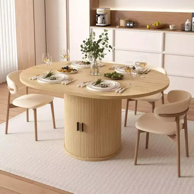 Table de salle à manger de cuisine ronde extensible avec étagère de rangement à 2 niveaux, avec base piédestal, meubles de salle à manger ovales en bois, Noyer