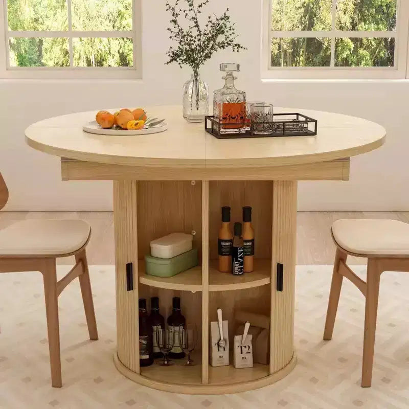 Table de salle à manger de cuisine ronde extensible avec étagère de rangement à 2 niveaux, avec base piédestal, meubles de salle à manger ovales en bois, Noyer