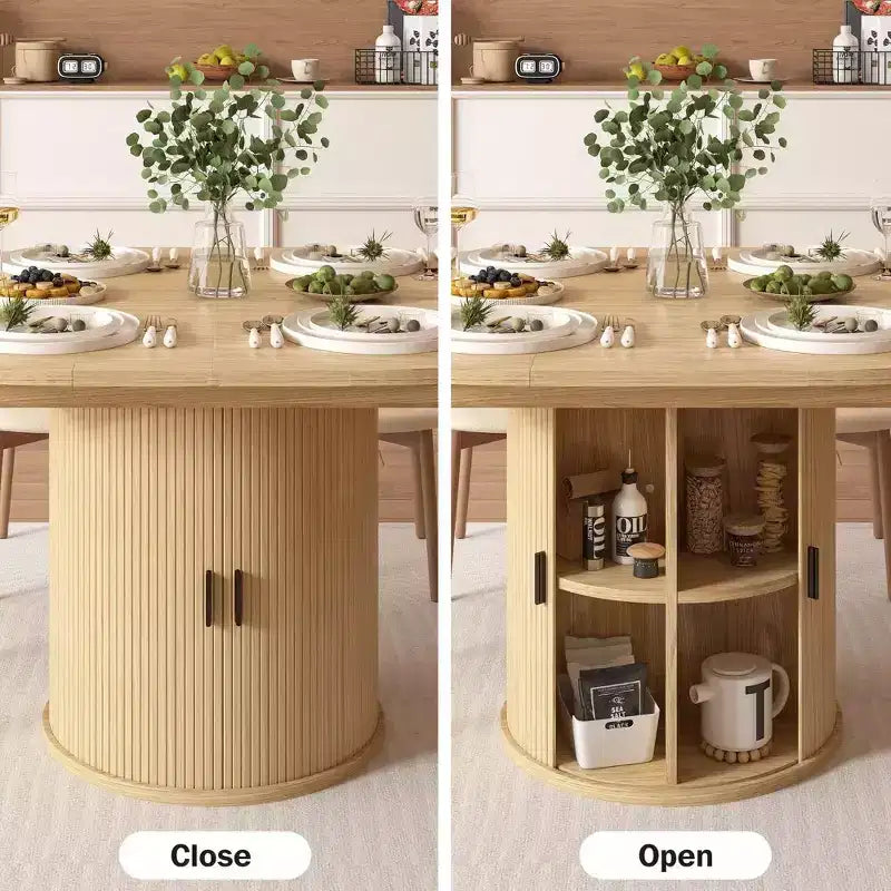 Table de salle à manger de cuisine ronde extensible avec étagère de rangement à 2 niveaux, avec base piédestal, meubles de salle à manger ovales en bois, Noyer
