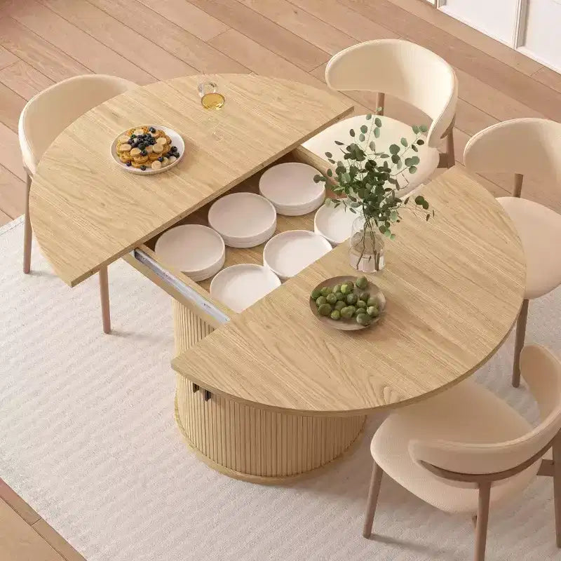 Table de salle à manger de cuisine ronde extensible avec étagère de rangement à 2 niveaux, avec base piédestal, meubles de salle à manger ovales en bois, Noyer