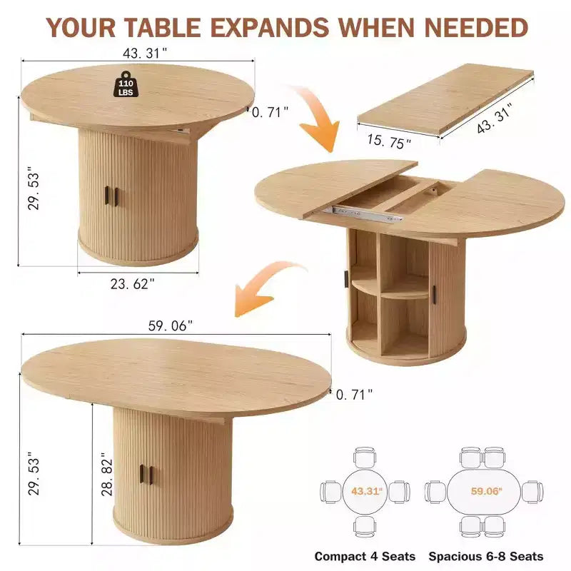 Table de salle à manger de cuisine ronde extensible avec étagère de rangement à 2 niveaux, avec base piédestal, meubles de salle à manger ovales en bois, Noyer