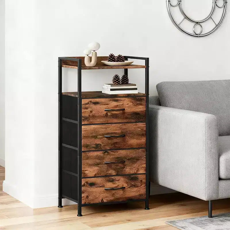 Table de chevet, bout de canapé avec 4 tiroirs de rangement en tissu, meuble de chevet avec étagère de rangement ouverte, table de nuit pour chambre à coucher, salon, bureau